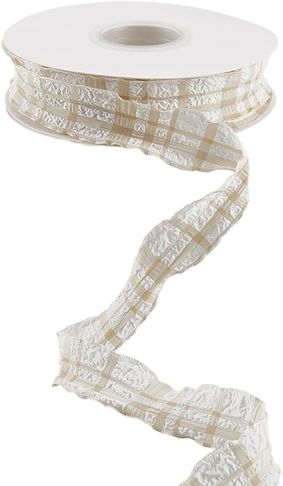 1 Inch 10 Yards Beige Ruffle Edge Plaid Ribbon Checkered Double Sided Ruffled Pleated Gingham Chi... | Amazon (US)
