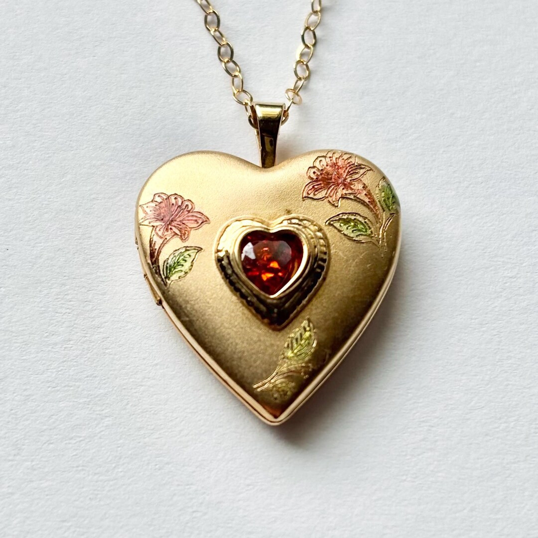 Heart 14K Gold Filled Lily Flower Ruby Red Cubic Zirconia Vintage Photo Locket Necklace - Etsy | Etsy (US)