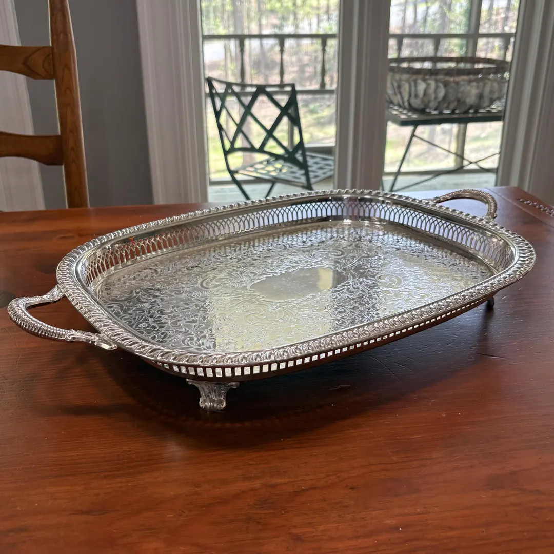 Towle Footed Gallery Tray w/ Handles large Towle 4711 silverplate chased bottom drinks tray barwa... | Etsy (US)