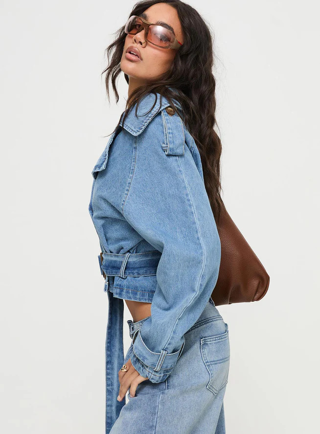 Aurelio Cropped Denim Trench Coat Light Denim Wash | Princess Polly US
