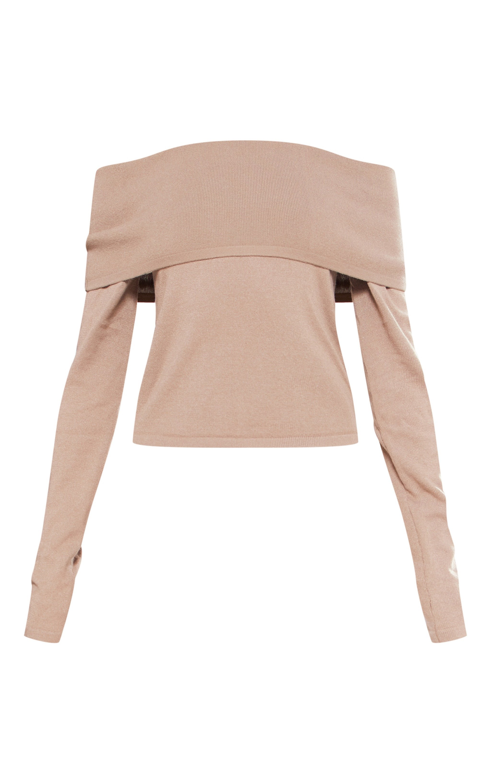 Petite Taupe Knit Bardot Fold Over Top | PrettyLittleThing US