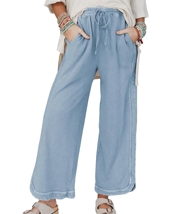 Ainangua Women's Palazzo Pants Acid Wash Capri Pants Drawstring Athletic Wide Leg Trousers Summer... | Amazon (US)