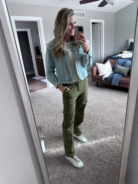 I am not giving up denim jackets yet and especially when they are this cute 😍
My cargo pants are the most comfy (stretchy waist) and inexpensive! Wearing a small in all pieces. 

#LTKshoecrush #LTKSeasonal #LTKfindsunder100