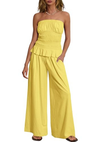 Yanekop Womens Two Piece Lounge Set Strapless Tube Top Pants Sets 2 Piece Outfits Summer Vacation Outfits with Pockets(Lemon Yellow,M) | Amazon (US)