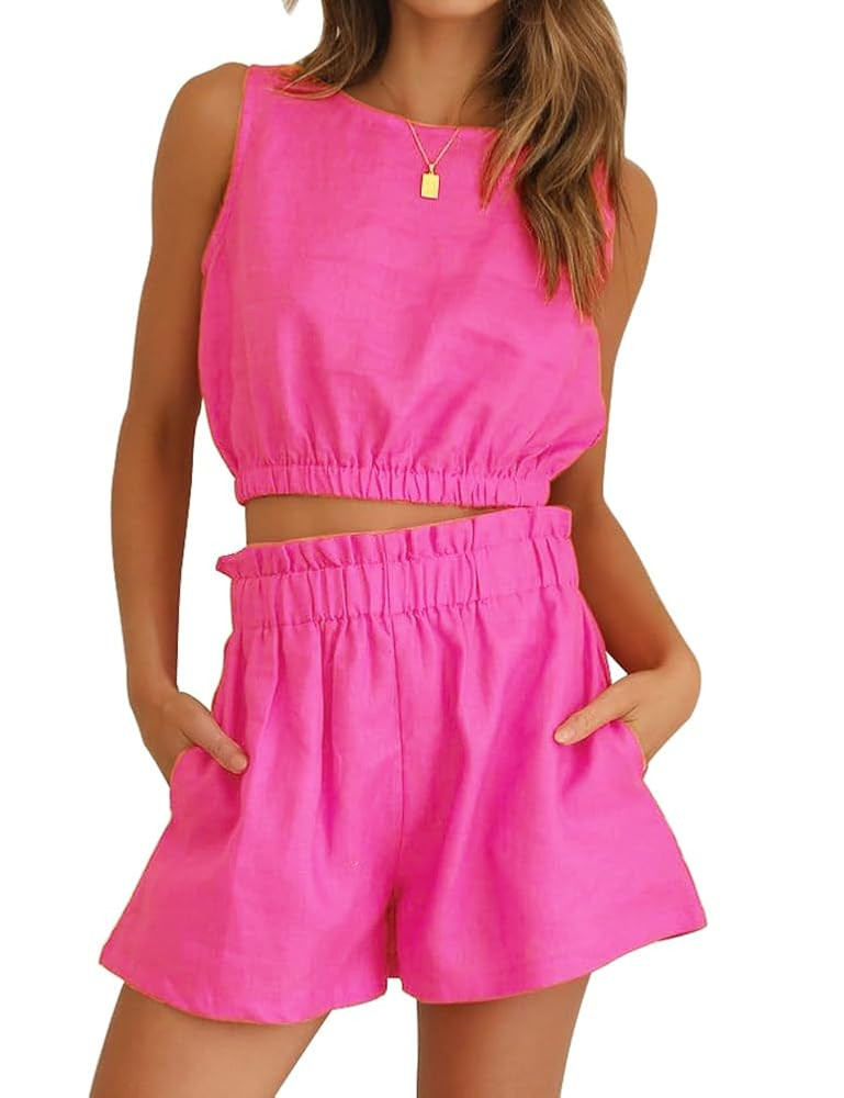 FANCYINN Women Summer 2 Piece Outfits Casual Crop Top Tank Sleeveless and Elastic Waist Pants Sho... | Amazon (US)