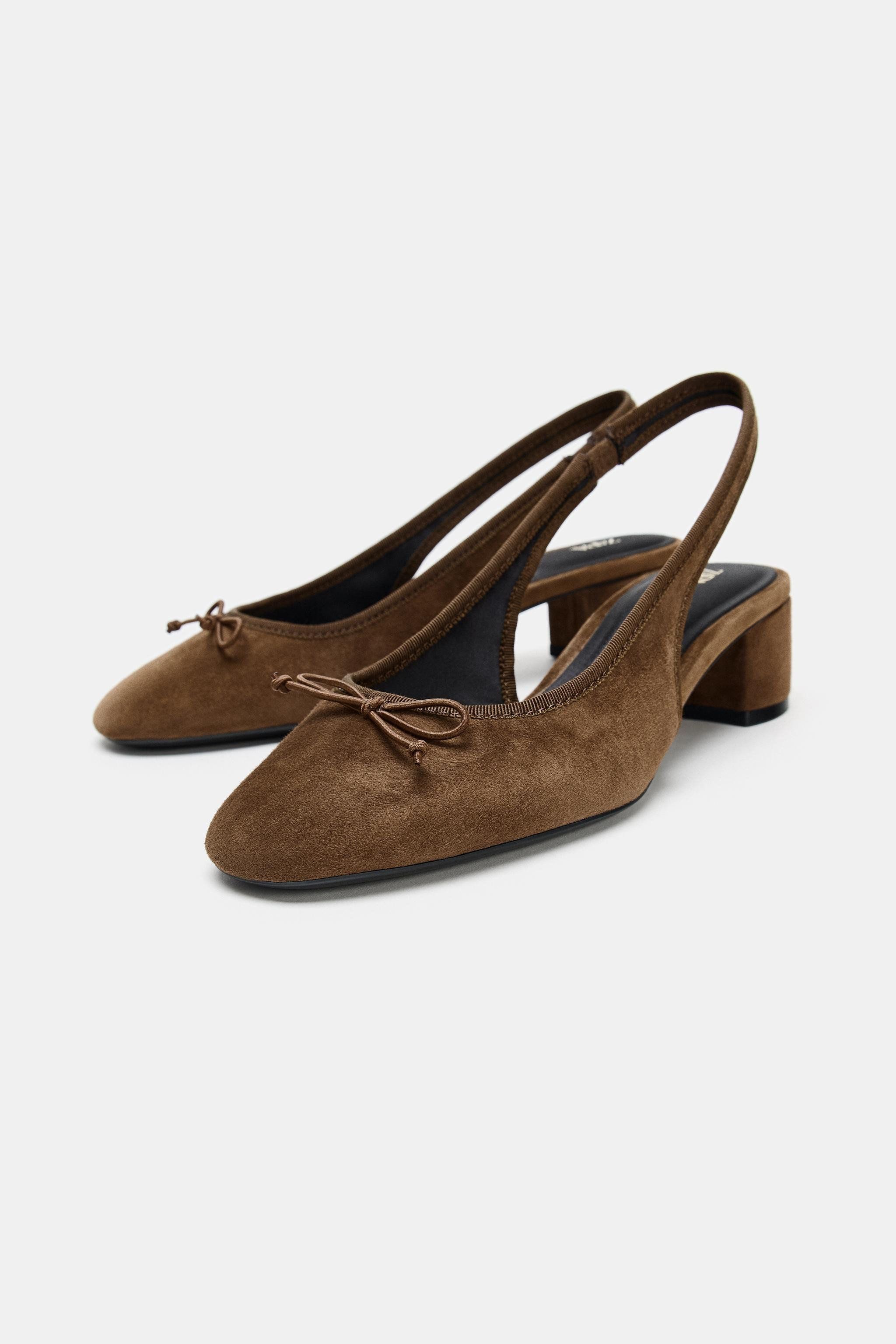 Leather slingback heels. Bow detail on the front. Elasticized back strap. Block heel. Round toe.S... | Zara US