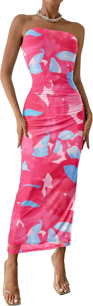 PRETTYGARDEN Women's Summer Wedding Guest Dress Strapless Tube Top Maxi Bodycon Long Floral Mesh ... | Amazon (US)
