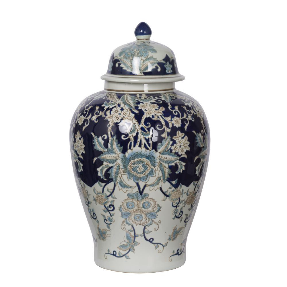 A & B Home Bryn Blue, Gold, White Large Ginger Jar, Blue/ Gold/ White | The Home Depot