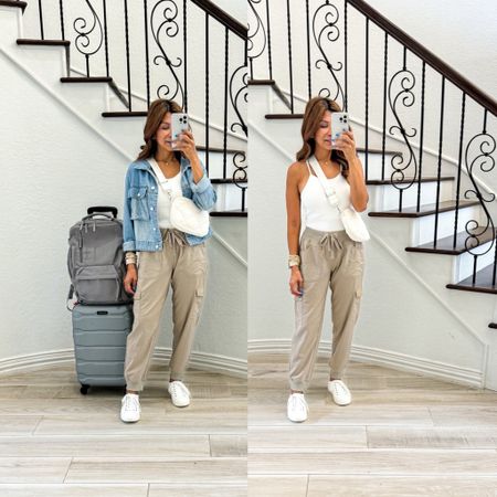 Travel outfit, Airport outfit.
Cargo style lightweight joggers in small,
color is A02 Khaki. I’m 5’2”.
Ribbed tank top with built in bra in small.
Denim jacket in small. This goes in and out of stock. I also linked 2 similar jackets that I also have and love.
White sneakers fit tts and what I’m packing  to Europe for 2 weeks.
Active dress at beginning of reel is also linked, wearing XS, Slate Blue.
Personal backpack that can fit under most plane seats, fav carry-on luggage, Stanley travel mug all linked.
Amazon finds, travel outfit, travel style, airport outfit, airport style, fashion over 40, petite style, 

#LTKOver40 #LTKStyleTip #LTKTravel