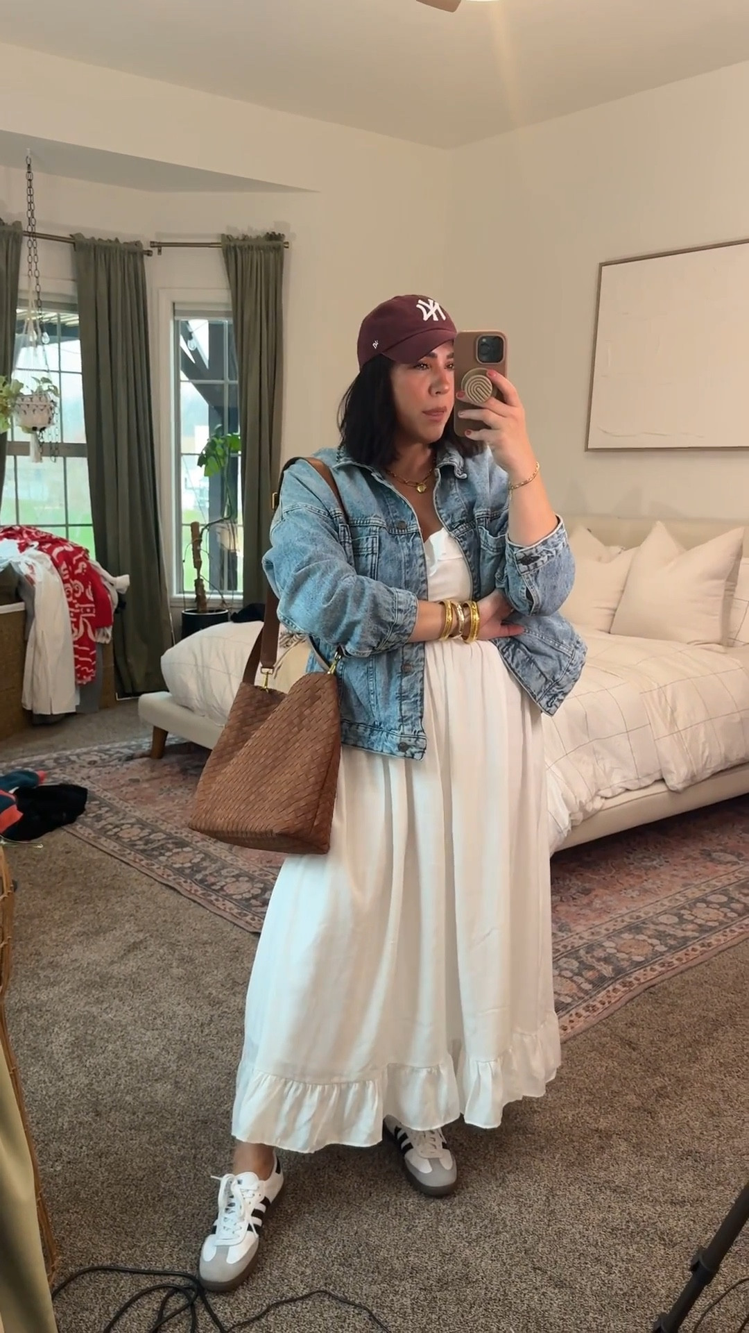 White dress size L but runs big I need a M, I’m wearing cakes. It is open in the back so beware of bra strap! The back ties so it’s adjustable support. Double lines. Jacket size L for oversized fit. Bag is suede. 

#LTKMidsize #LTKFestival #LTKootd