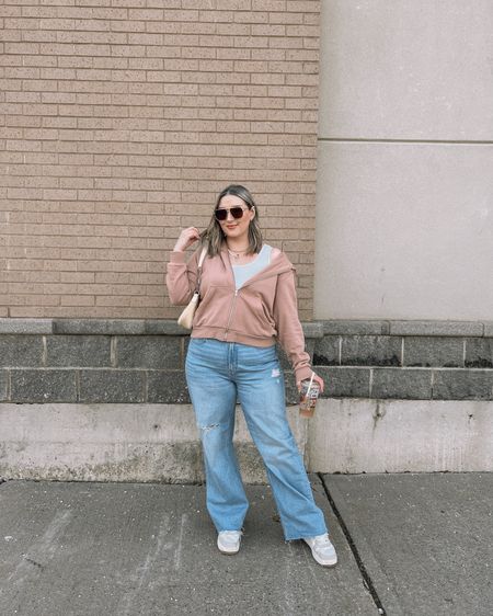 Casual spring outfit - zip up hoodie (linked similar), wide leg jeans (tts), and neutral sneakers 

Midsize style, y2k fashion


#LTKfindsunder100 #LTKSeasonal #LTKmidsize