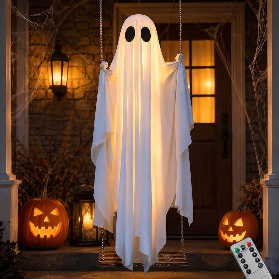 Halloween Hanging Swinging Ghost, 5 FT Light Up Ghost Porch Decor with IP65 Remote String Lights,... | Amazon (US)