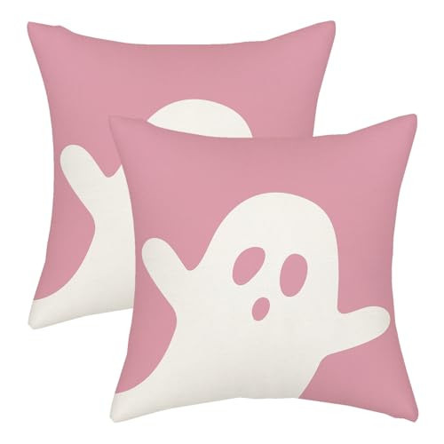 AGAYNA Halloween Pillow Covers 18x18 Pink and White Ghost Decor Throw Pillows Case for Couch Halloween Indoor Outdoor Decorative Cushion Cases for Sofa Bed Decorations Set of 2 | Amazon (US)
