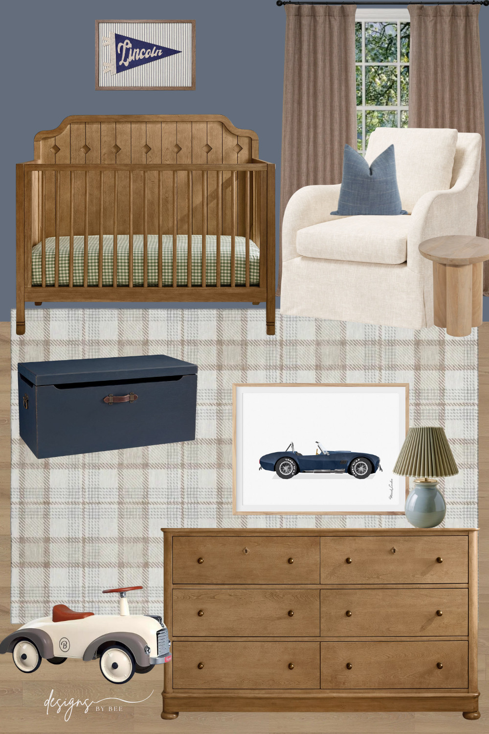 Boy Nursery, Vintage Nursery, Nursery Inspo, Preppy Nursery, Arched Crib, Wood Crib, Paneled Crib, Cream Glider Chair, Boucle Chair, Wood Dresser, Plaid Rug, Plaid Nursery, Toy Box, Navy Toy Chest, Vintage Toy Car, Ride-on Toy Car, Lincoln Name Art, Vintage Car Art, Sports Car Print, Pleated Lamp, Boy's Room Decor, Classic Baby Furniture, Brown Curtains, Denim Pillow, Solid Wood Side Table 

 

#LTKmomlife #LTKHome #LTKBaby