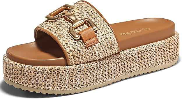 Coutgo Womens Platform Sandals Raffia Espadrilles Metal Chain Slip on Open Toe Cute Beach Slide S... | Amazon (US)