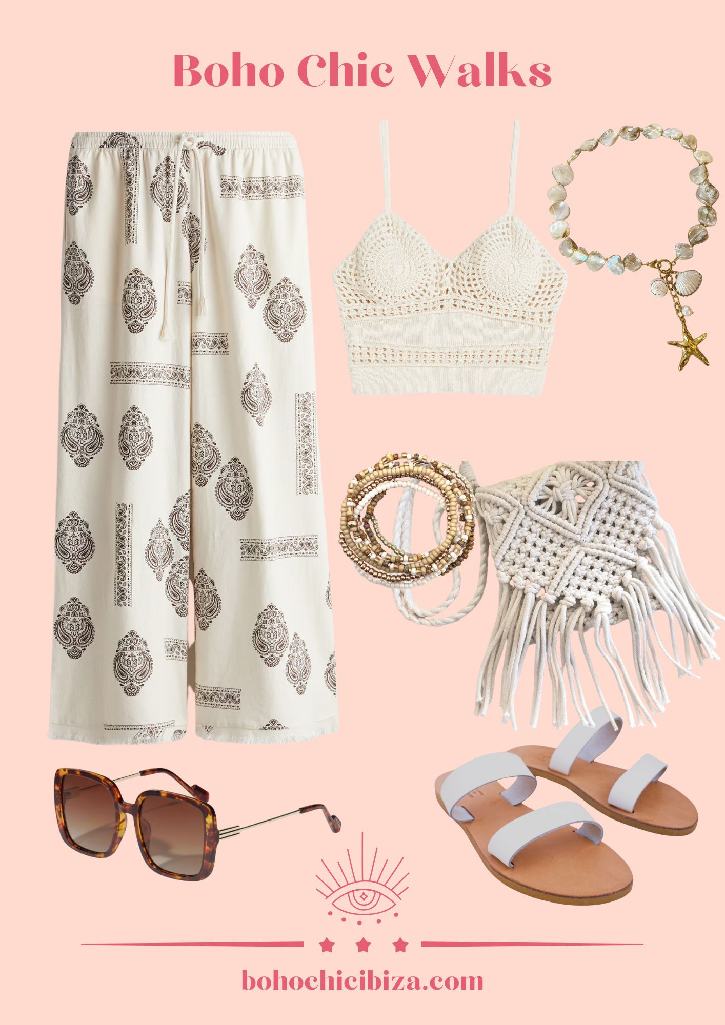 Boho Chic Walks 
- Top cropped crochet
- Linen blend trousers
- Greek Sandals
- White Macrame Crossbody Bag
- Oversized Shells and Clam Necklace
- Beaded Boho Bracelet
- Brown Sunglasses
 

 #LTKsummer #LTKspring #LTKstyletip