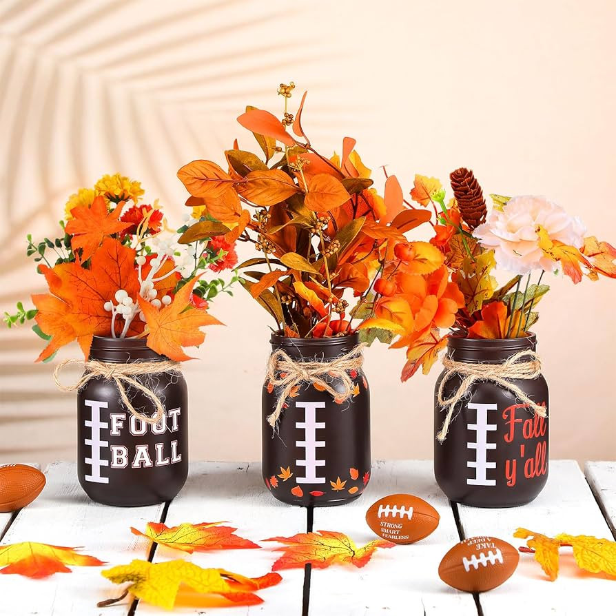 3 Pcs Fall Football Mason Jars Fall Y'all Table Centerpieces Rugby Day Table Decoration with Stic... | Amazon (US)