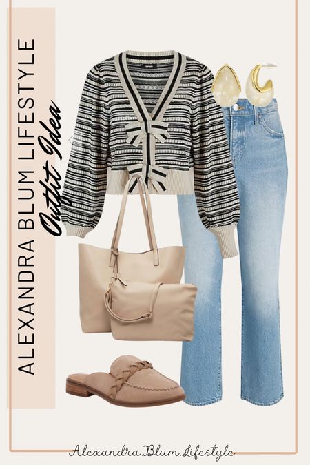Bow striped cardigan from express and straight leg jeans! Beige tote bag, mules, and gold earrings! Amazon accessories! Spring outfits! 

#LTKitbag #LTKworkwear #LTKfindsunder100