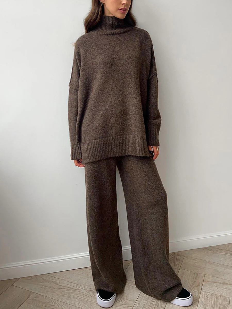 Plain Turtleneck Knit Pants Set | Commense