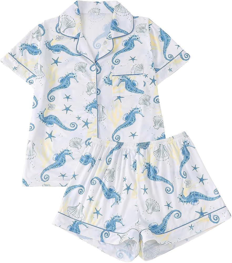 Women's 2 Piece Pajamas Set Short Sleeve Button Down Shirt and Shorts Cute Print Sleepwear Pjs Se... | Amazon (US)