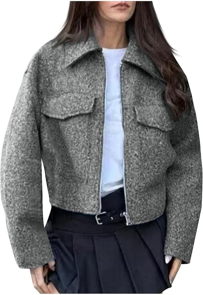 Womens Cropped Zip up Jacket Fall Winter Fashion Soild Color Long Sleeve Coats Long Sleeve Crop O... | Amazon (US)