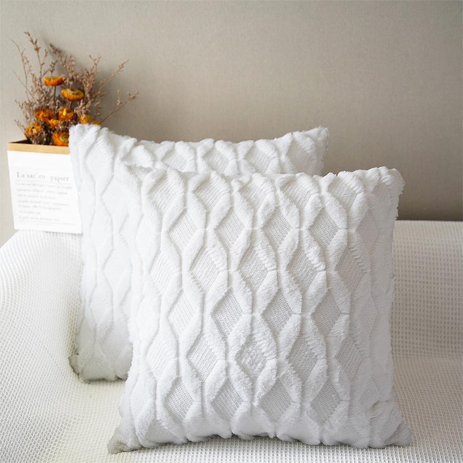 Yomshi Set of 2 Soft Plush Square Boho Cushion Covers Short Wool Decorative Pillow Cases Faux Woo... | Amazon (UK)