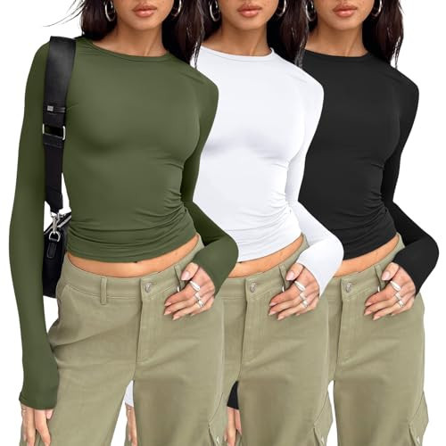 AUTOMET 3-Pack Women's Long Sleeve Crop Tops - Basic Fitted T-Shirts Set Black White ArmyGreen S | Amazon (US)
