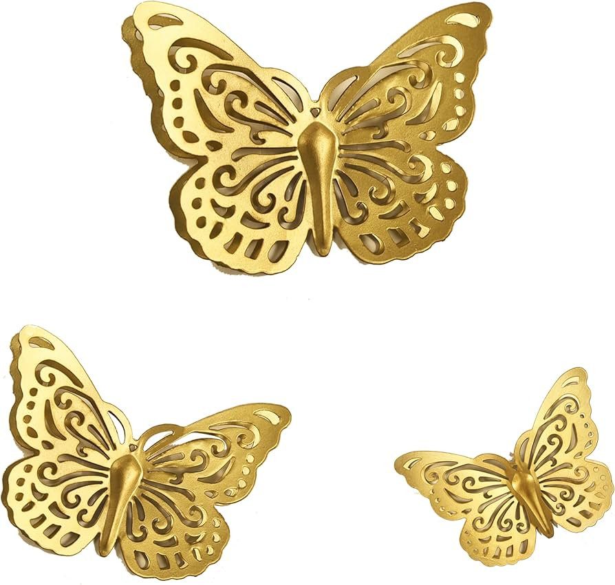 Remenna Gold Finish Metal Butterflies Wall Art Set of 3 Metal Wall Decor Butterfly Hanging Decor ... | Amazon (US)