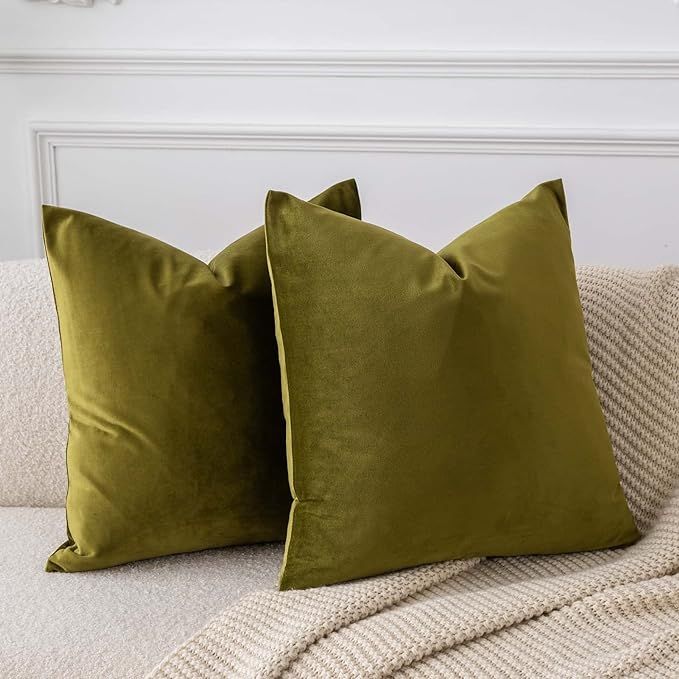 JUSPURBET Olive Green Luxury Velvet Throw Pillow Covers 22x22 Set of 2,Decorative Soft Solid Cush... | Amazon (US)