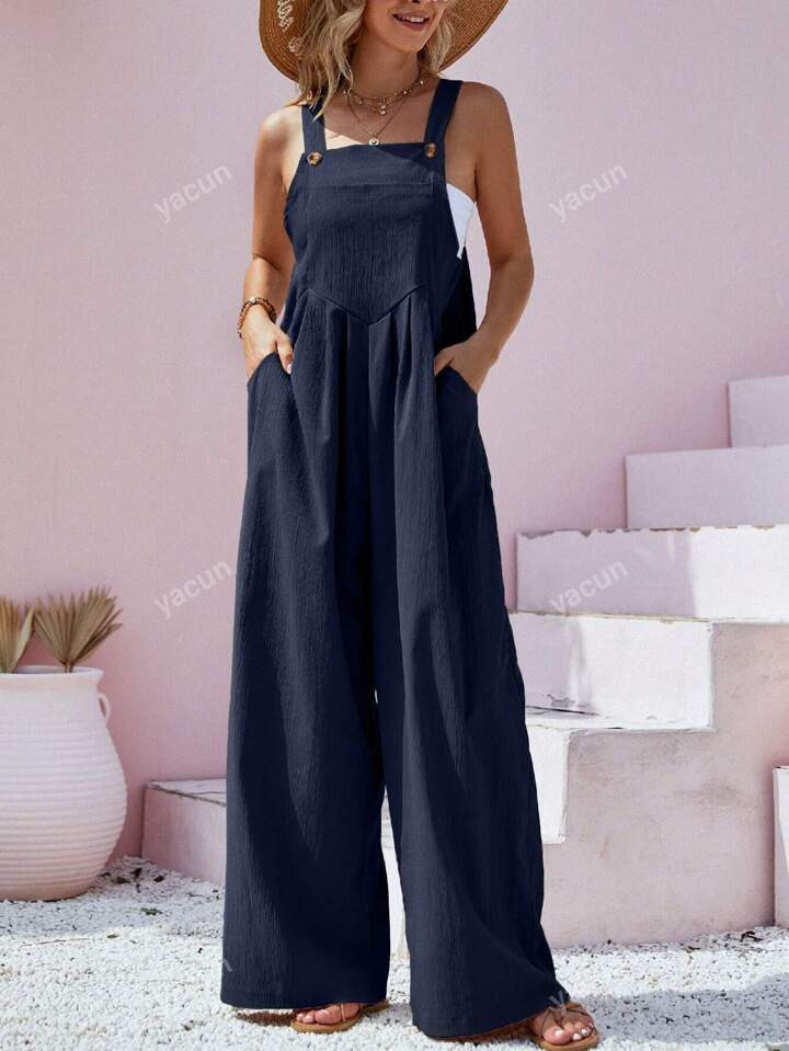 Solid Color Buttoned Strap Jumpsuit With Wide-Leg Pants | SHEIN USA | SHEIN