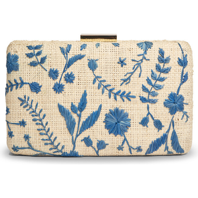 Women's Hana Hand-Embroidered Chain Strap Raffia Clutch, Blue | Maisonette