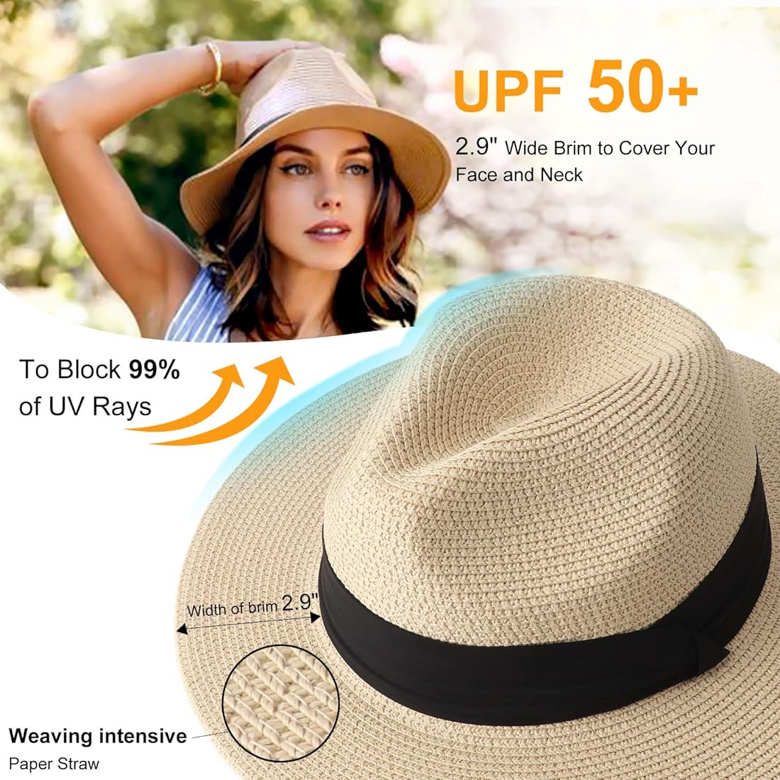 DRESHOW Women Straw Panama Hat Travel Fedora Beach Sun Hat Summer Wide Brim Straw Roll up Hat UPF... | Amazon (US)