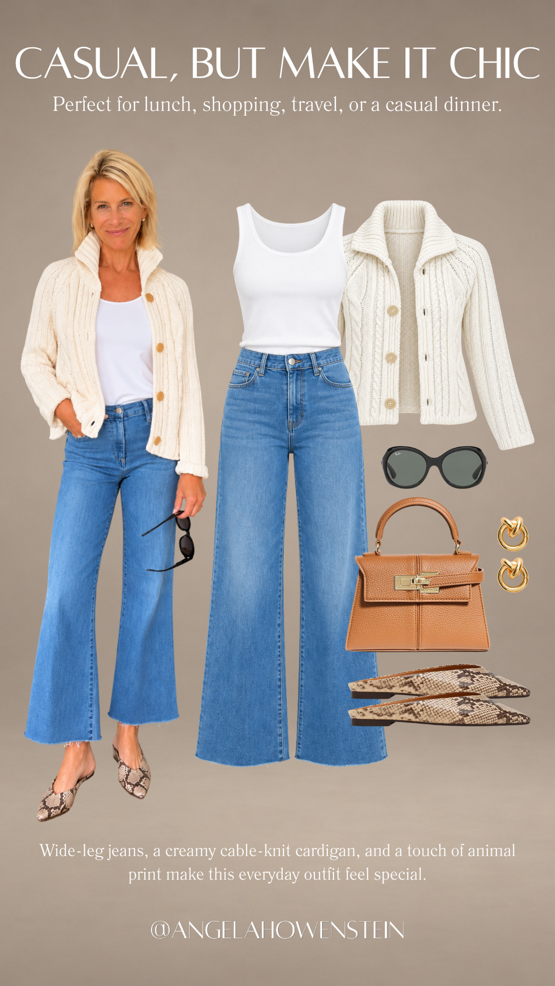 A classic cream cable-knit cardigan and wide-leg jeans are such an easy fall combination! Wear the cardigan over a simple tank, then add snakeskin flats, gold jewelry, and a structured cognac bag for a polished everyday look. 

Perfect for lunch, shopping, travel, or a casual dinner.

👩‍💻 LTK PRO TIPS
❤️ Heart = Support my posts ;-)
🔖 Save = Get sale & restock alerts for the things you love!
📋 Lists = Keep favorites organized (List ideas: Christmas, Birthdays, and Vacations!)
📲 Share = Send lists and products to a friend (or your daughters like me).
💬 Comment = Ask me anything, and I’ll answer. ;-) 

 #LTKootd #LTKSeasonal #LTKOver40
