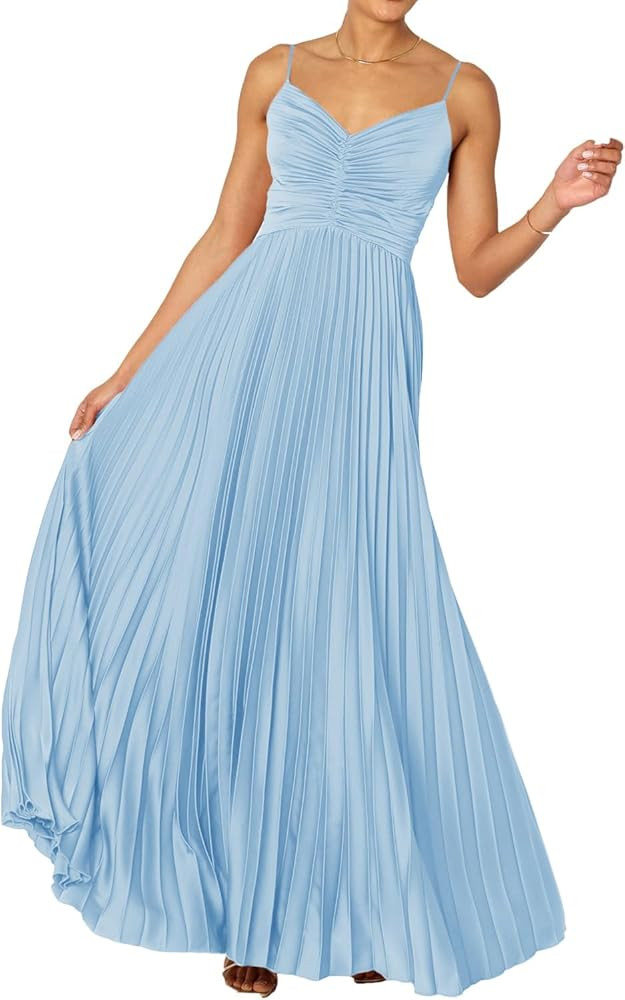 LASPIA Women's Pleated Dress Formal Adjustable Spaghetti Strap Maxi Solid Bridesmaid Evening Part... | Amazon (US)