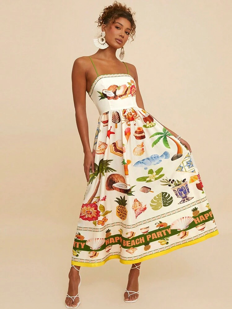 Travachic Vacation Tropical Plant Print Spaghetti Strap Long Dress For Women, Fall Women Dresses | SHEIN