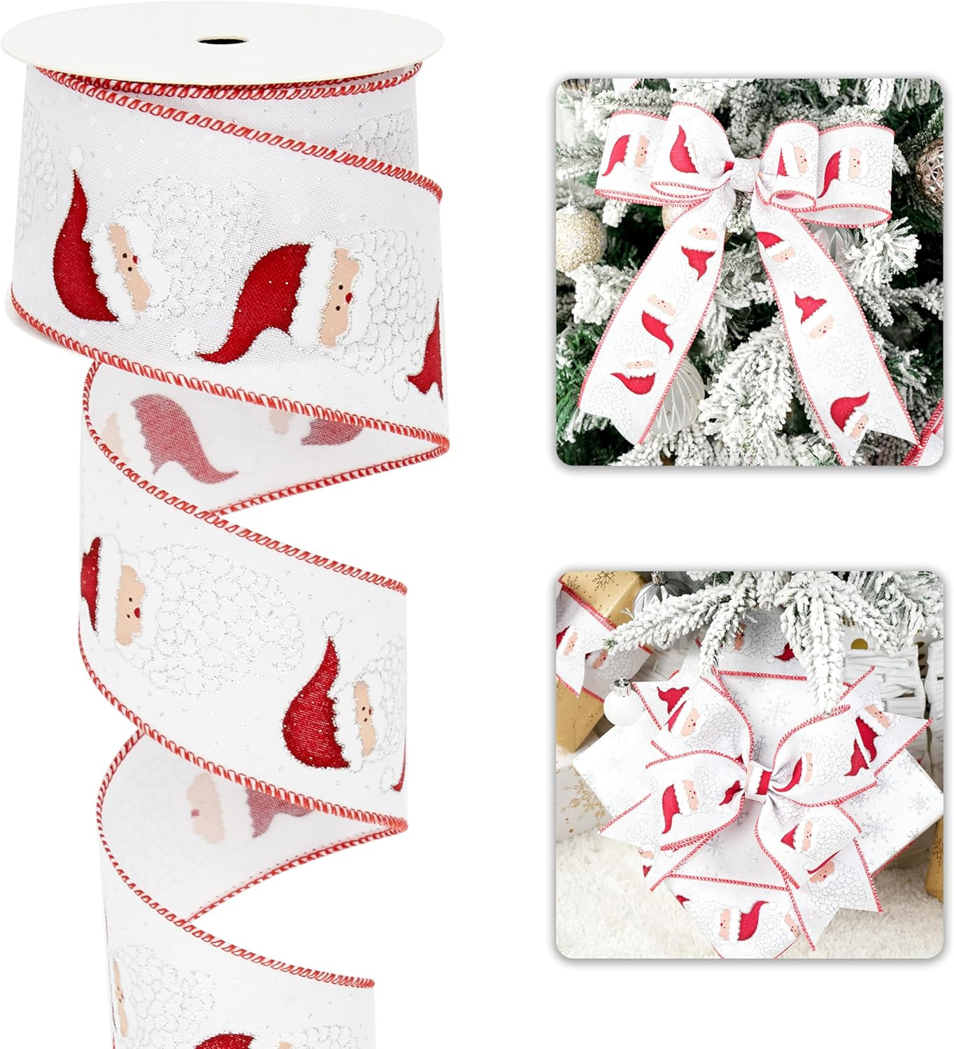 Santa Claus Christmas Wired Ribbon 2.5" X 10 Yards White Red Glitter Santa Print Christmas Tree R... | Amazon (US)