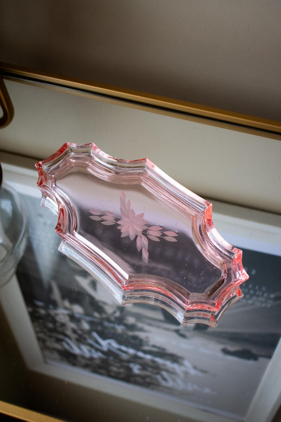 Vintage Pink Great Depression Glass Floral Etched Trinket Jewelry Tray | Etsy (US)