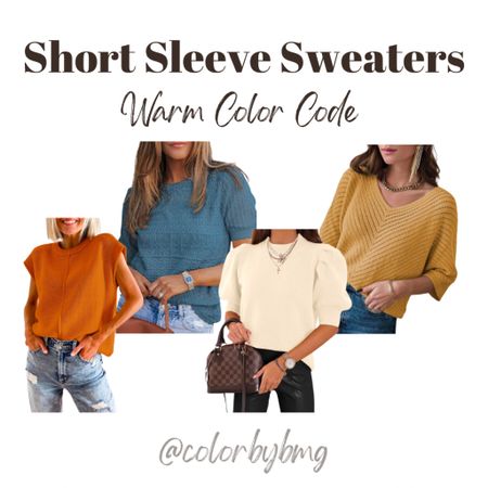 Short Sleeved Sweaters for Warm Color Codes. 

Colors to choose:

1. Brick Red
2. Prussian Blue
3. A Cream 
4. Beige

Warm Autumn 
Warm Spring 

#LTKfindsunder50 #LTKSpringSale