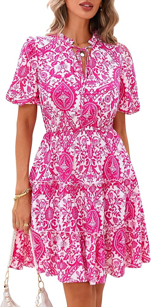 BTFBM Women Summer Floral Short Dresses V Neck Short Sleeve Tiered Ruffle Boho Swing Dress A-Line... | Amazon (US)