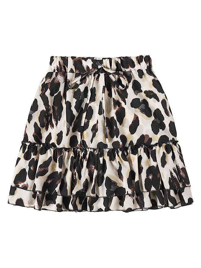 SheIn Women's Leopard Print Drawstring Waist Layer Ruffle Hem Short Skirt | Amazon (US)