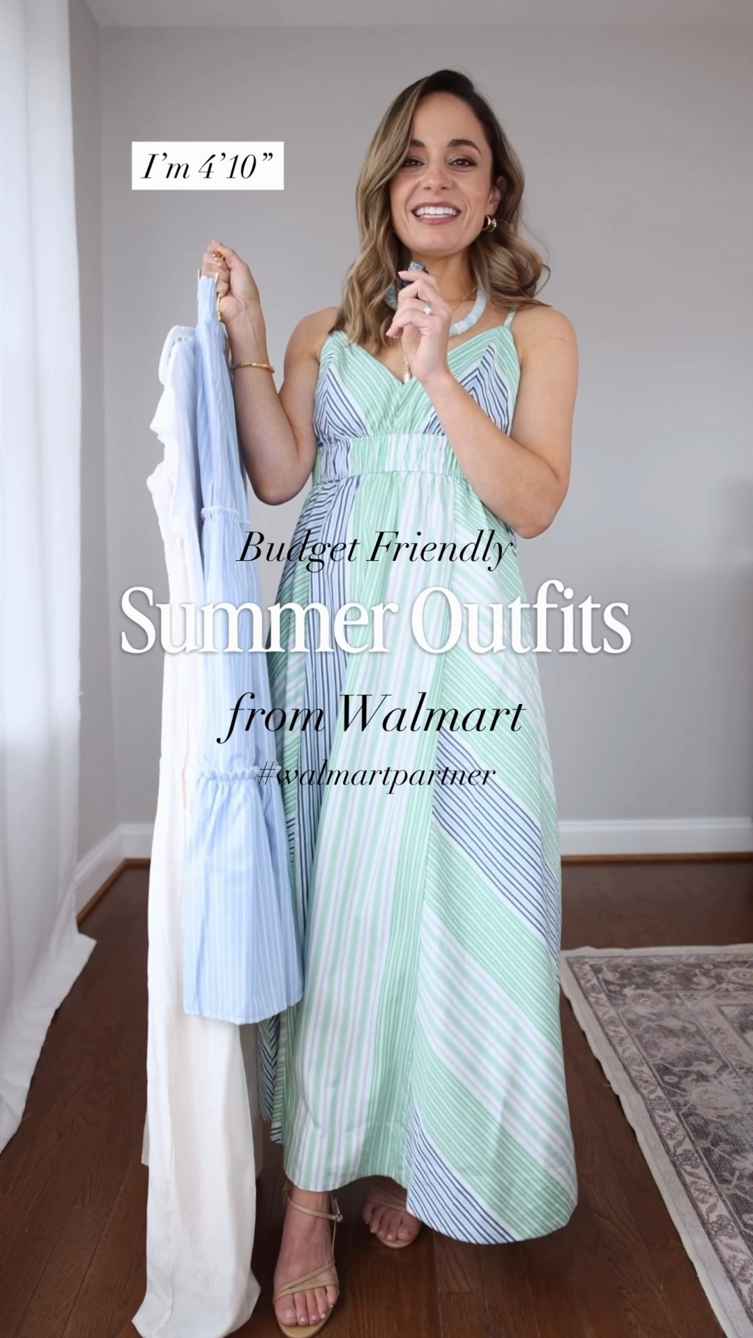 Budget-friendly summer outfits from Walmart! #walmartpartner

Ivory dress: xs - runs large, size down if you can 
Striped dress: xs - true to size (has an open back you can only wear with an adhesive bra) 
Striped skirt: xs - true to size 
White t-shirt: xs - true to size