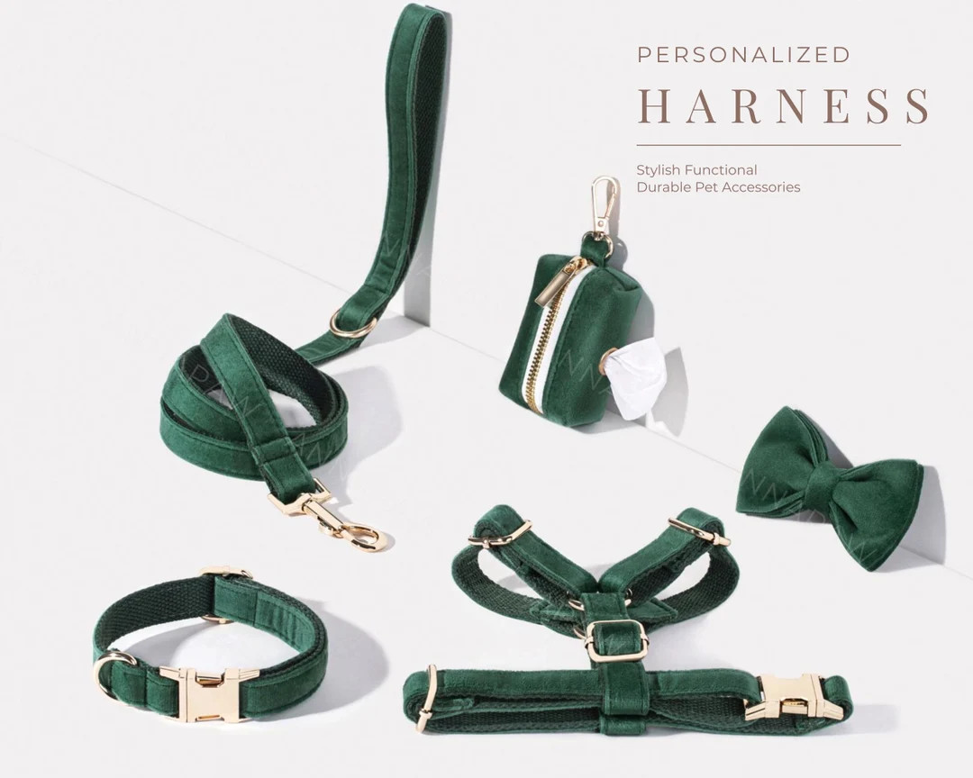 Emerald Green Dog Harness+Leash+Collar+Bow tie+Poo Bag Holder Set, Personalised Step in Harness F... | Etsy (US)