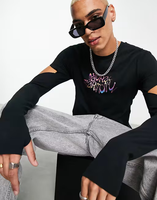 ASOS DESIGN muscle long sleeve T-shirt in black with cut-outs and front print | ASOS (Global)