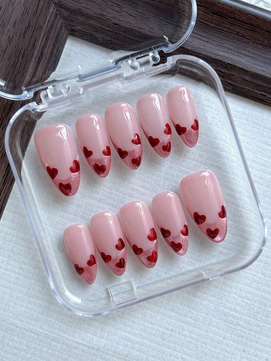 10pcs Pink Almond Shaped Press-On Nails, Cat Eye French Manicure, Red Cat Eye Heart Decor, Acryli... | SHEIN
