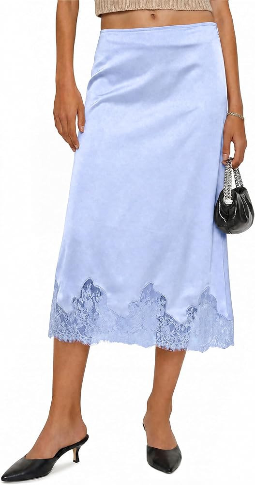 Cicy Bell Womens Silk Satin Midi Skirts Casual Dressy Lace Hem High Waisted A-Line Skirt Elegant ... | Amazon (US)