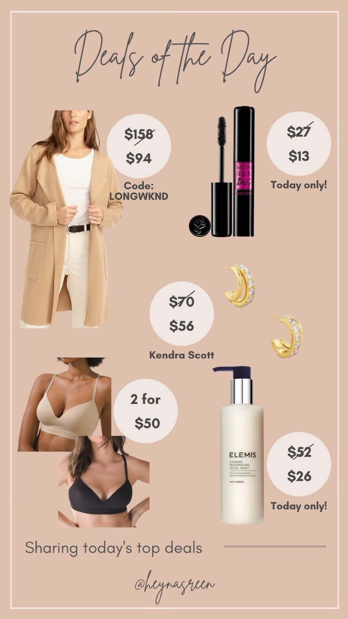 Deals of the day on elemis face wash, Lancome mascara, Kendra Scott, soma bras and jcrew sweater blazer 

#LTKbeauty #LTKsalealert