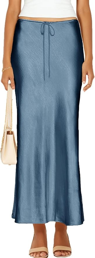 Womens Satin Silk Maxi Skirts Drawstring Flared Casual A-Line Long Skirt for Women | Amazon (US)