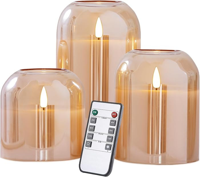 Gold Glass Flameless Candles with Remote Battery Operated Flickering LED Pillar Candles Real Wax ... | Amazon (US)
