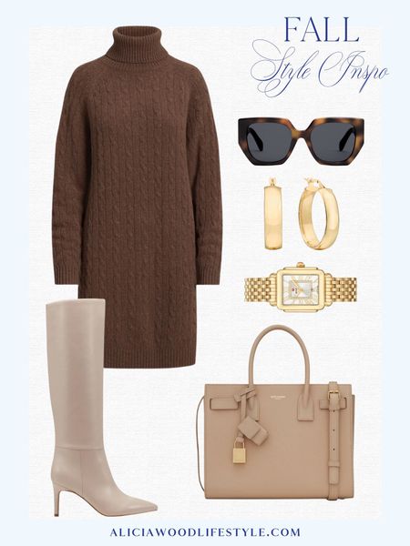 Sweater dresses are a big trend this Fall and this one is a classic!

Polo Ralph Lauren Brown Wool-Cashmere Cable-Knit Sweaterdress
Beige Ivory Georgiey Pointed Toe Knee High Boot
Dark Beige Saint Laurent Sac De Jour Baby Top Handle Bag In Grained Leather
Michele Gold Deco Madison Mid Diamond Dial Bracelet Watch, 29mm x 31mm
Gold hoop earrings 
Tortoise butterfly sunglasses 

#LTKSeasonal #LTKshoecrush #LTKstyletip