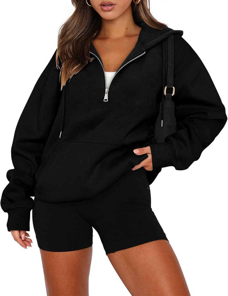 onlypuff Women Half Zipper Pullover Sweatshirt Long Sleeve Hoodies Kangaroo Pocket Fleece Basic S... | Amazon (US)
